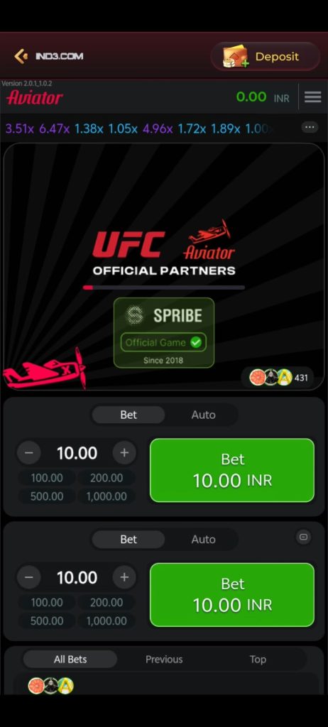 IND3 Game Aviator interface with bet options and deposit button